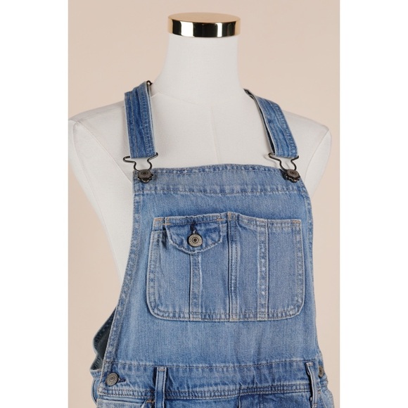 Sz S Abercrombie & Fitch Light-Medium Wash Distressed Cotton Shortall Overalls - Picture 2 of 5